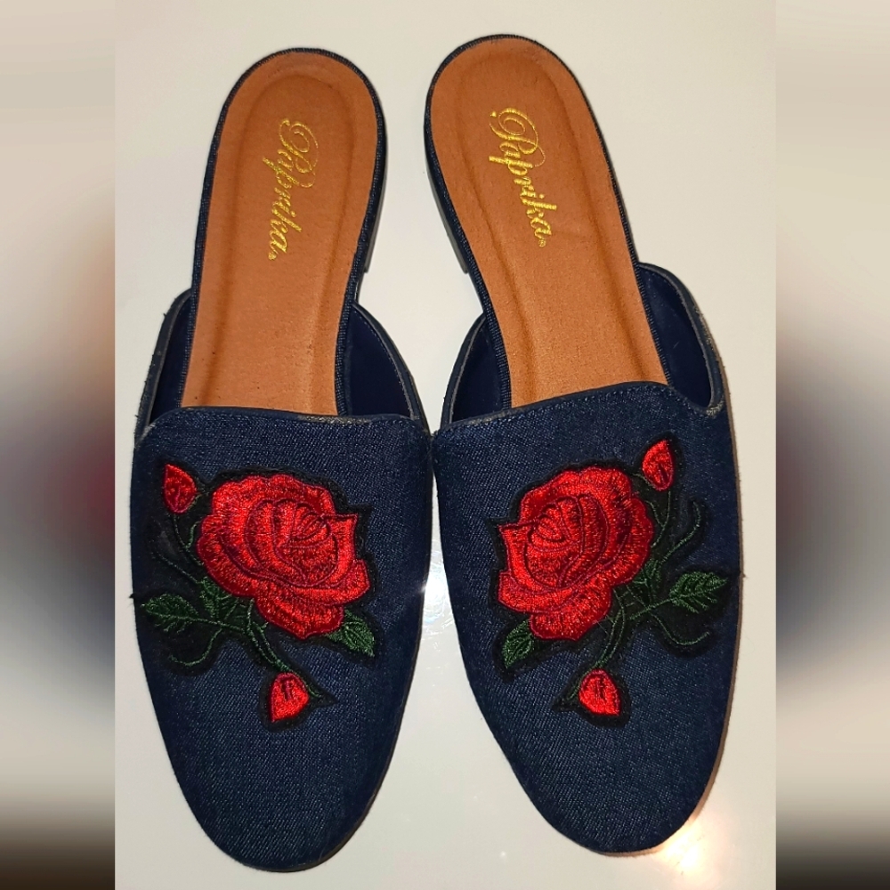 Paprika denim Detail mules with floral embroidery size US 7
